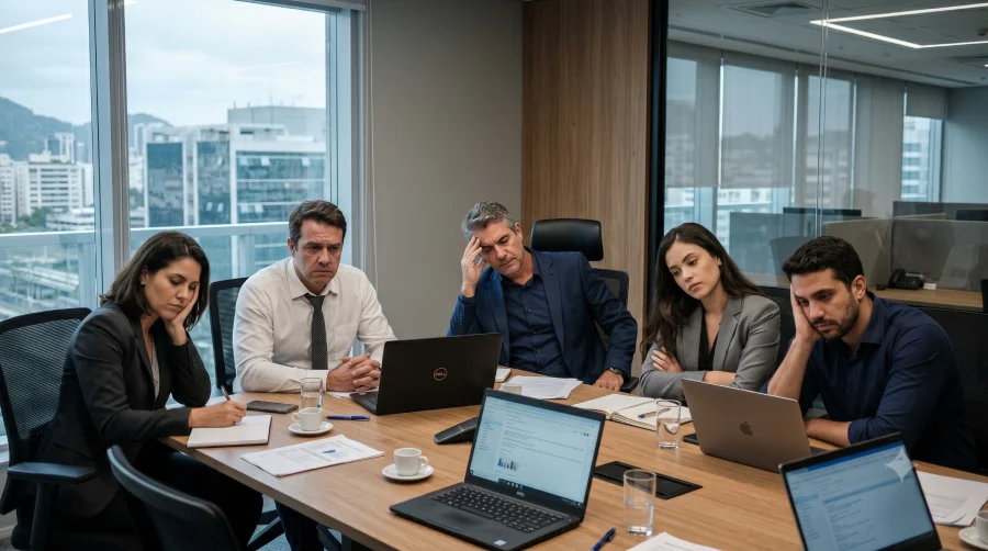 Líder observando equipe desmotivada em reunião corporativa no segundo semestre