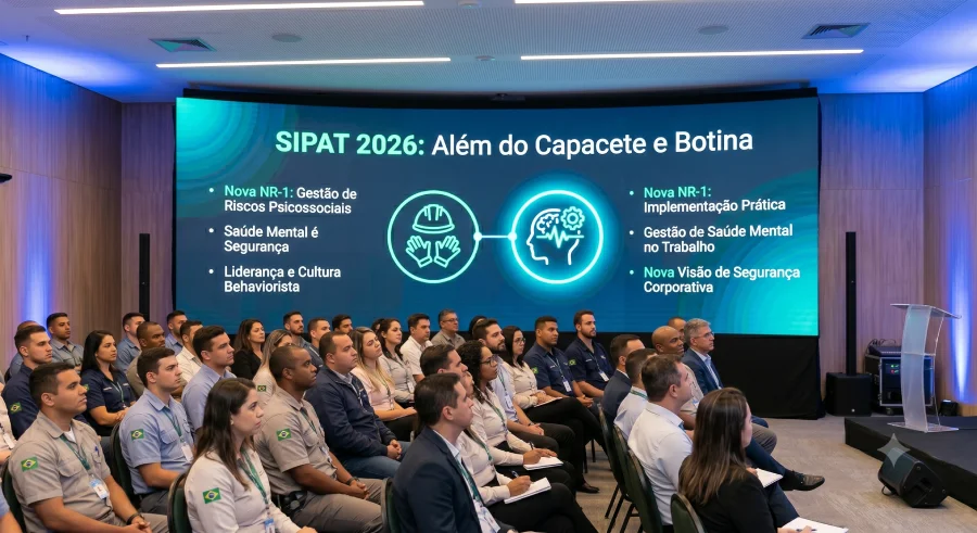 Colaboradores reunidos em auditório corporativo durante a SIPAT 2026 — evento de segurança do trabalho com apresentação ao fundo