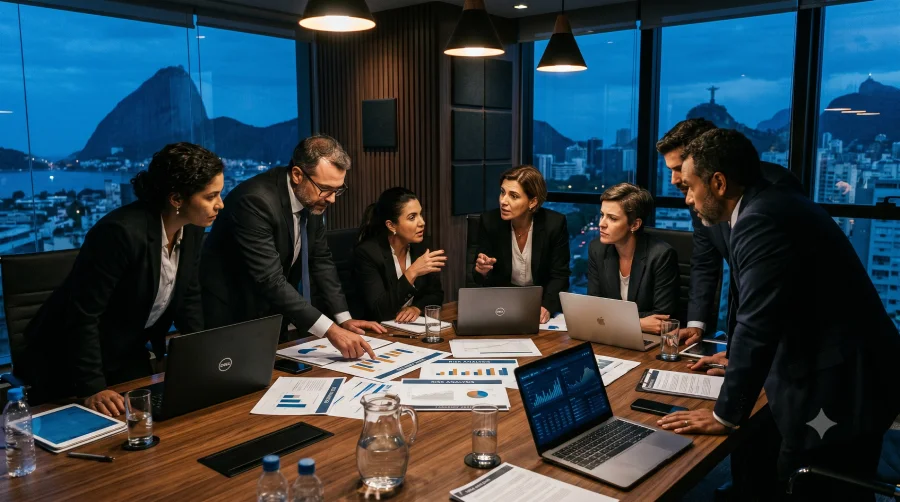 Executivos em reunião de crise representando liderança sob pressão no ambiente corporativo