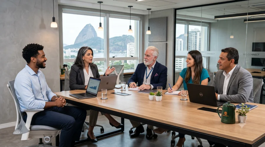 Equipe multigeracional reunida em discussão corporativa representando liderança de times diversos