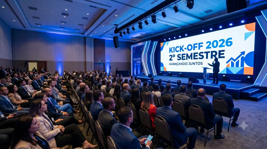 Auditório corporativo com plateia durante kick-off de segundo semestre — palco iluminado com telão ao fundo