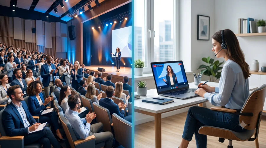 Comparativo entre palestra presencial em auditório e palestra online para eventos corporativos em 2026