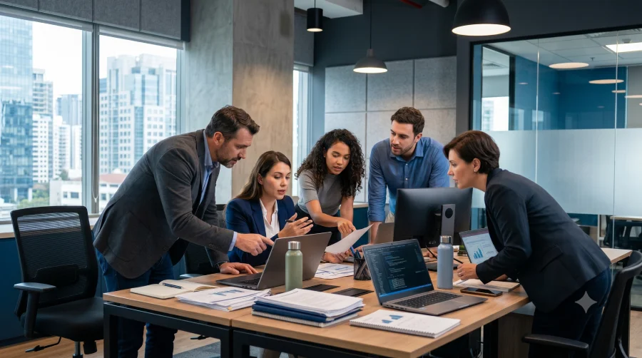 Equipe corporativa em reunião estratégica representando time de alta performance